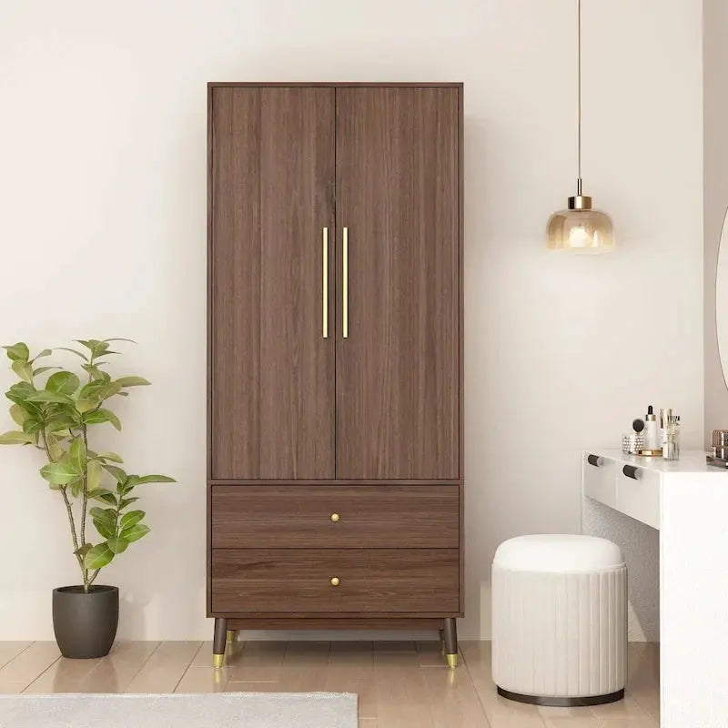 Wooden 2-Door Armoire Wardrobe Closet With 2 Drawers And Clothes Rail - 70.9H x 31.5W x 19.1D