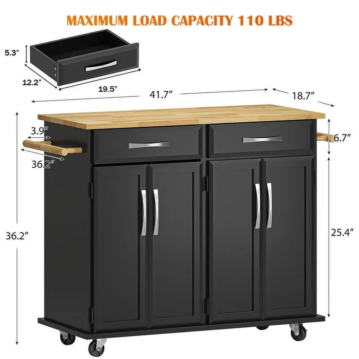 Soges Kitchen Island Rolling Cart With Hidden Cabinet, Adjustable Shelves And Towel Rails, Black - 41.5in