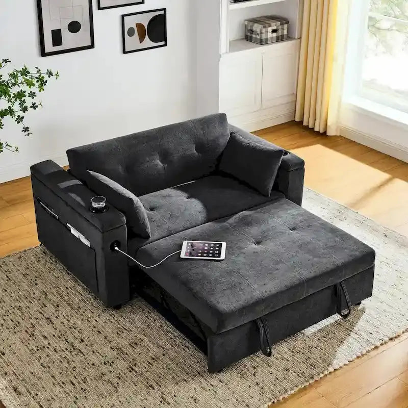54-Inch Pull-Out Sleeper Sofa Bed With Storage, Lumbar Support And USB Port