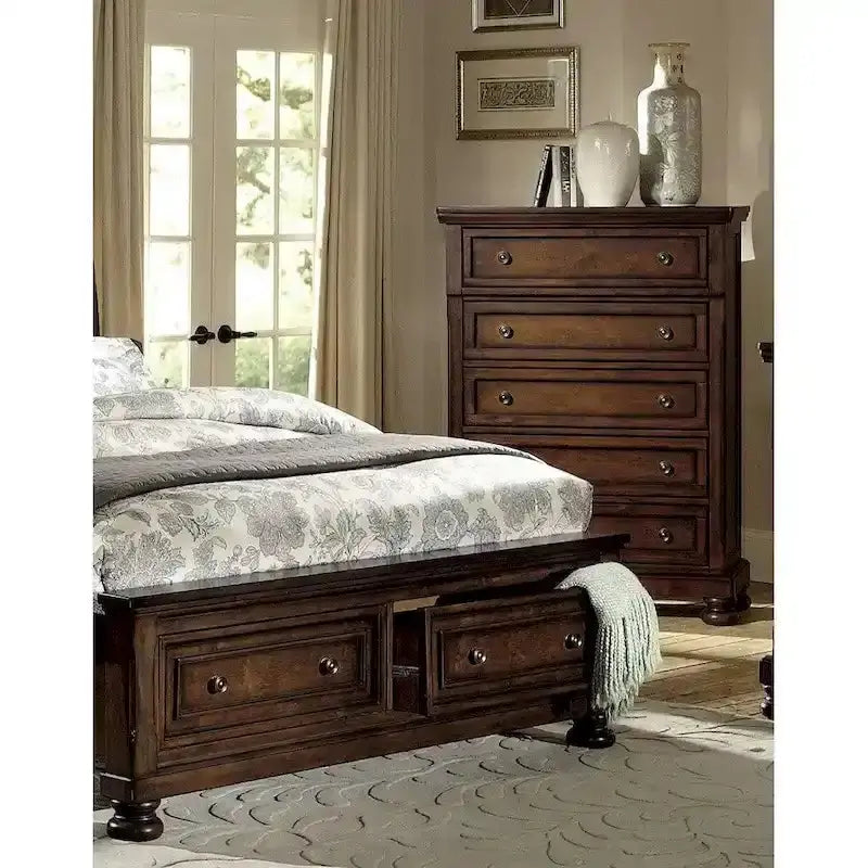 5-Piece Classic Brown Cherry Bedroom Set With Storage Platform Bed
