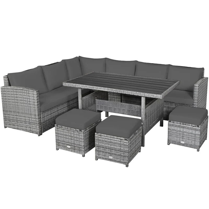 7-Piece Resin Wicker Outdoor Sectional Sofa Set With Dining Table, Ottomans And Cushions