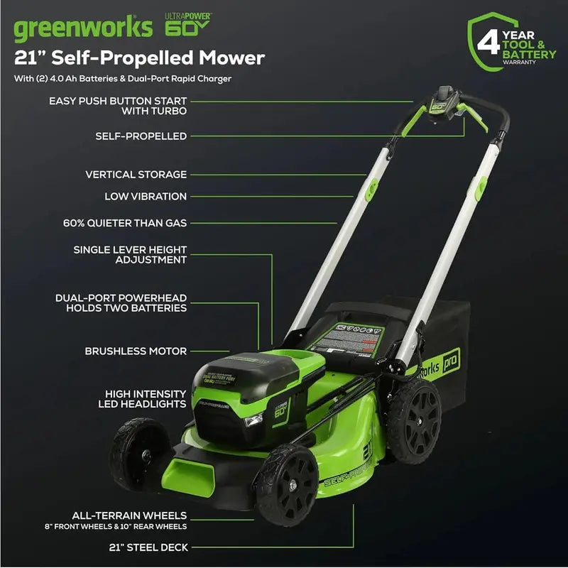 Greenworks 60V Cordless 21-Inch Self-Propelled Lawn Mower With Two 4.0Ah Batteries And Dual-Port Rapid Charger