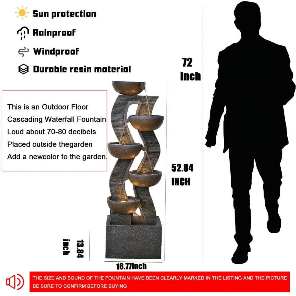 6-Tiered Outdoor Garden Water Fountain With Light, 16.77in L X 13.85in W X 52.8in H