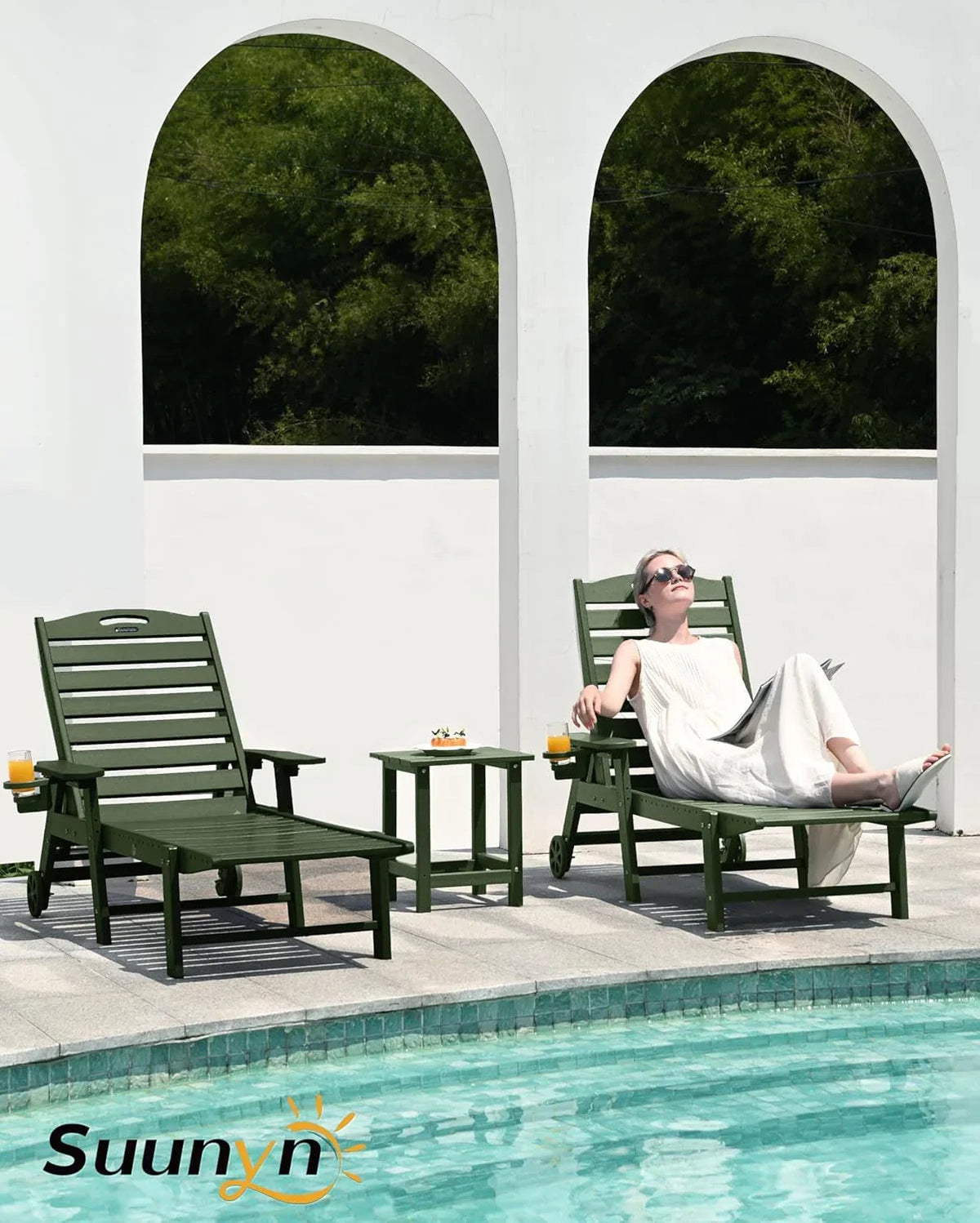 SUUNYN HDPE 6-Position Outdoor Chaise Lounge Chair With Wheels And Cup Holder - Teak