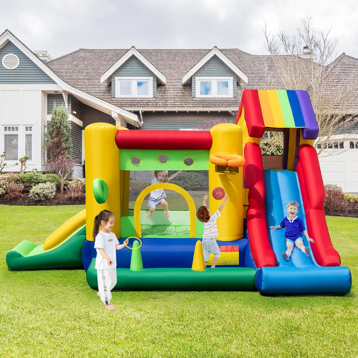 Costway 7-In-1 Rainbow Kids Inflatable Bounce Castle, 151.5 x 128 x 90.5 in, 50 Ocean Balls, 735W Blower