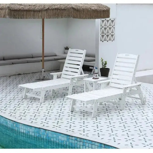 3-Piece All-Weather Patio Set With 2 Adjustable Chaise Lounges And Rolling Side Table, 75.20 x 28.74 x 39.17 in