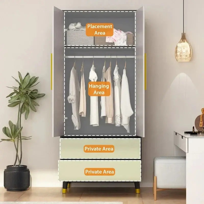 Wooden 2-Door Armoire Wardrobe Closet With 2 Drawers And Clothes Rail - 70.9H x 31.5W x 19.1D