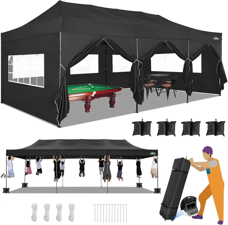 COBIZI 10x20 ft Commercial Pop-Up Canopy Tent With 6 Sidewalls And Roller Bag