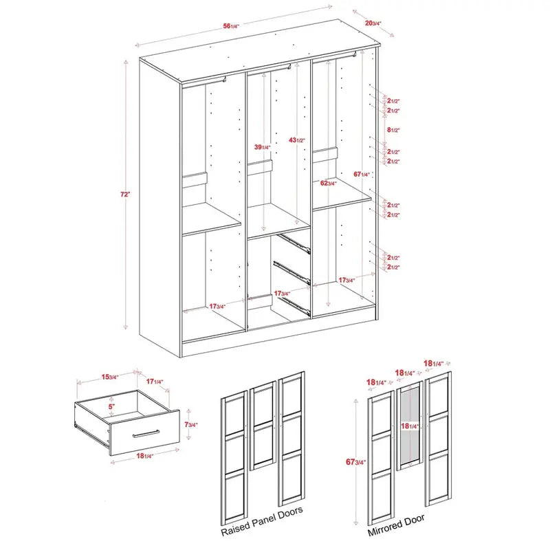 Palace Imports Solid Wood 3-Door Wardrobe Armoire, 56.25in W x 72in H x 20.75in D - Cosmo