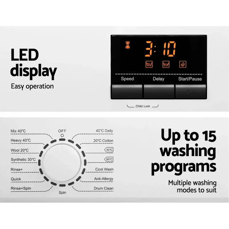 Devanti Front-Load Washing Machine, 8kg, 15 Programs, White