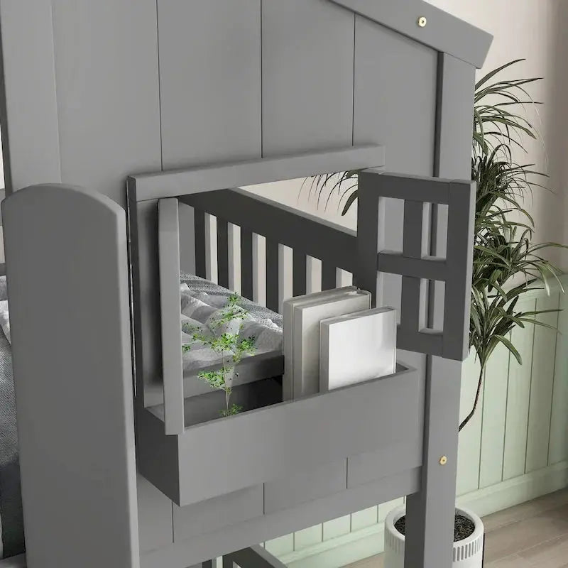 Twin-Over-Twin Playhouse-Style Bunk Bed - Grey With Roof, Window & Safety Rails