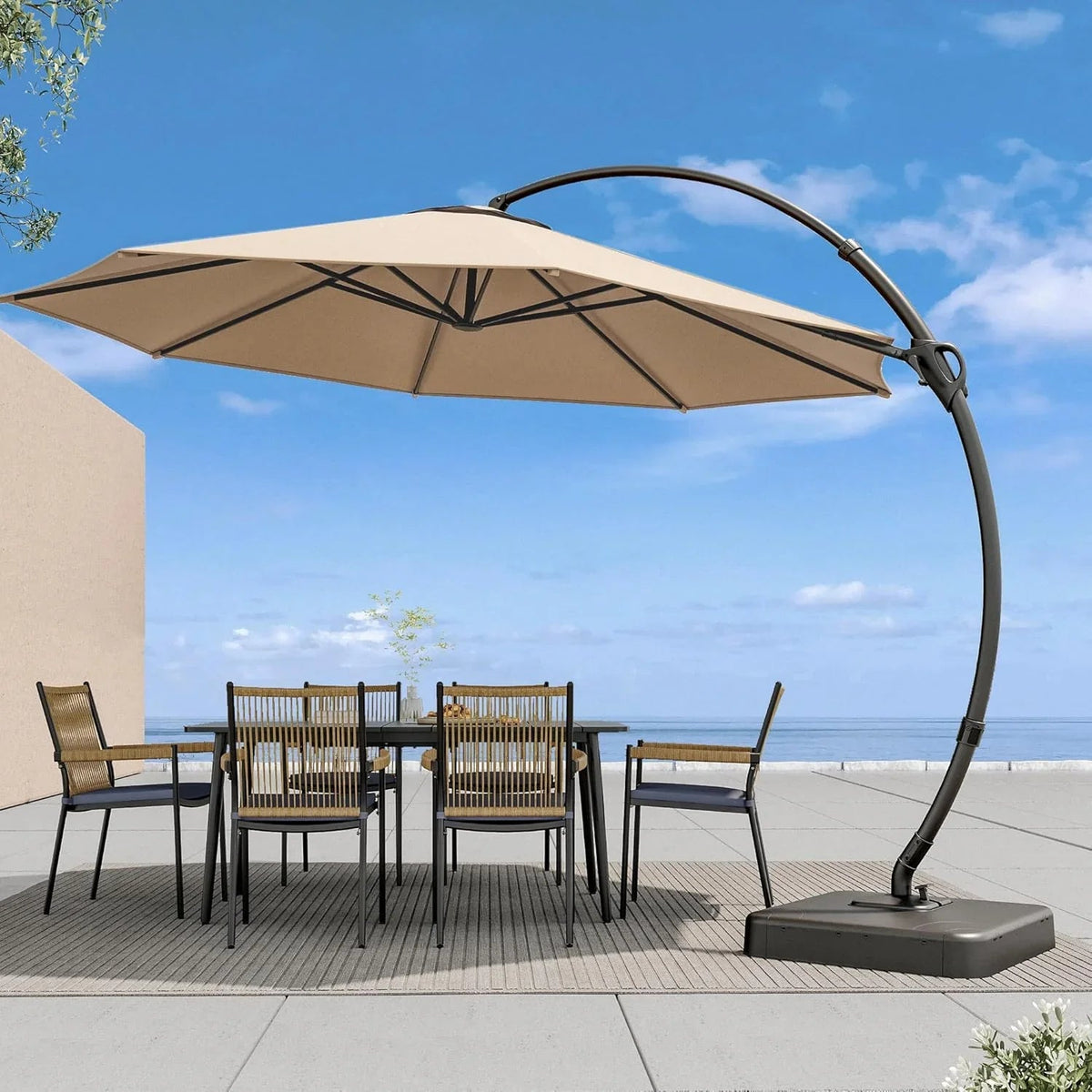 LAUSAINT HOME 11 FT Beige Curvy Cantilever Patio Umbrella With Base