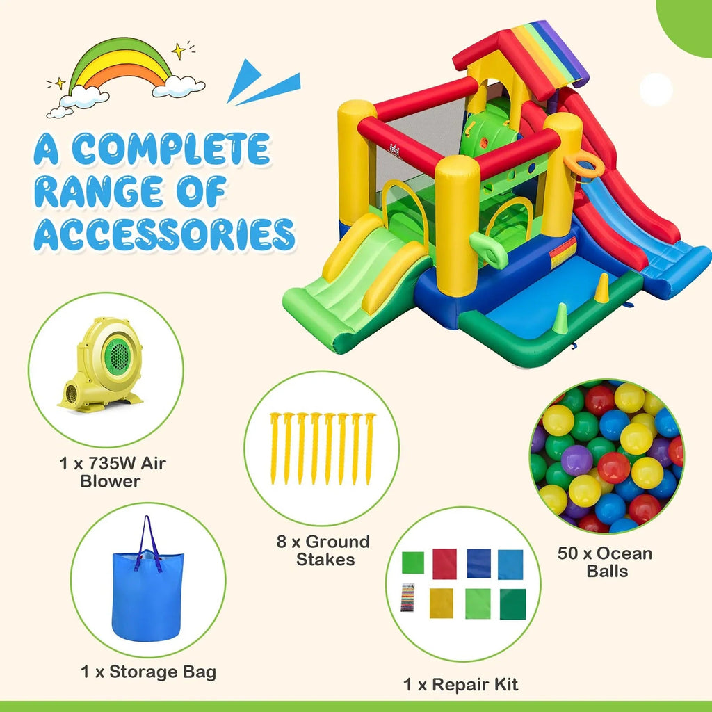 Costway 7-In-1 Rainbow Kids Inflatable Bounce Castle, 151.5 x 128 x 90.5 in, 50 Ocean Balls, 735W Blower