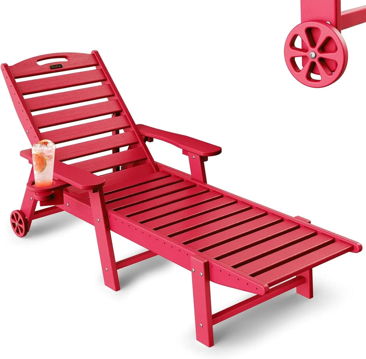 SUUNYN HDPE 6-Position Outdoor Chaise Lounge Chair With Wheels And Cup Holder - Teak