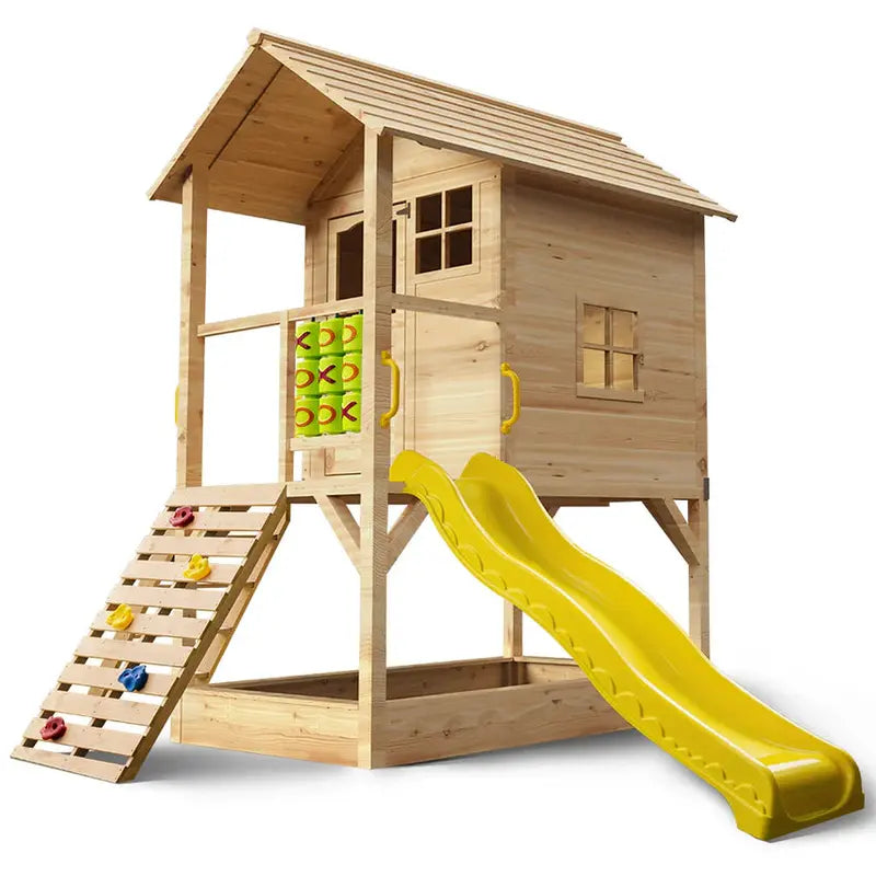 Rovo Kids Wooden Tower Playhouse With Slide, Climbing Wall And Sandpit - PLYCBHRV4NTA