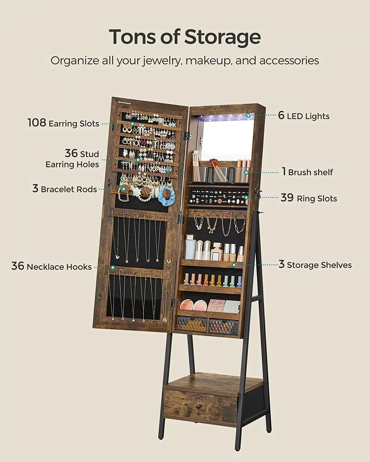 SONGMICS LED Lockable Jewelry Armoire With Full-Length Mirror, Rustic Brown - 14.6in D x 16.3in W x 61.8in H