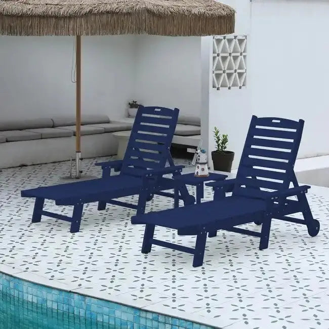 3-Piece All-Weather Patio Set With 2 Adjustable Chaise Lounges And Rolling Side Table, 75.20 x 28.74 x 39.17 in