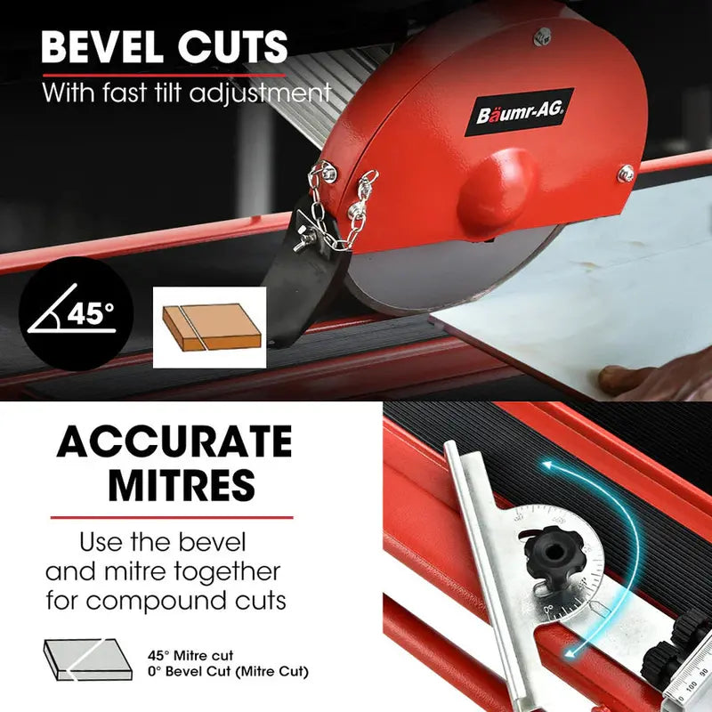 BAUMR-AG Wet Tile Saw, 800W, 200mm Blade, 720mm Max Cut - BTS210