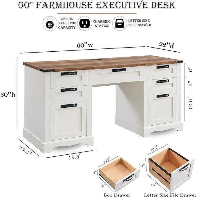 Farmhouse Executive Computer Desk 60-Inch Solid Wood