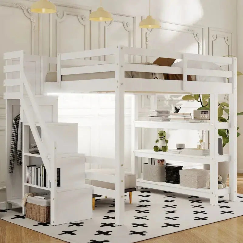 Full/Twin Loft Bed With Integrated Staircase Storage, Wardrobe And LED Lighting