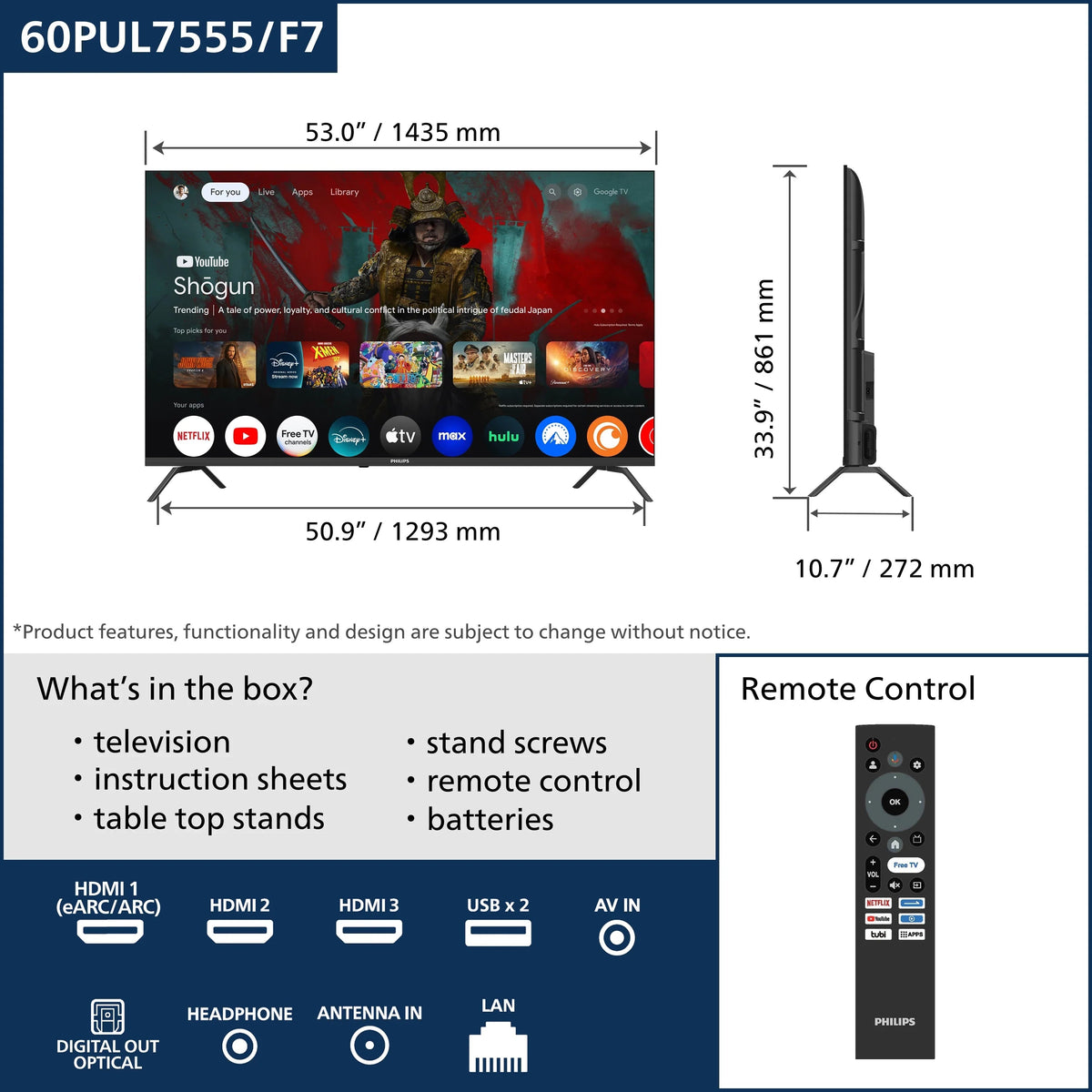 Philips 60 Class 4K Ultra HD Google Smart LED TV - 60PUL7555/F7