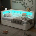 Upholstered Platform Bed Frame Full/Twin With Twin Trundle, USB Ports, LED Lighting, Dual Storage Drawers