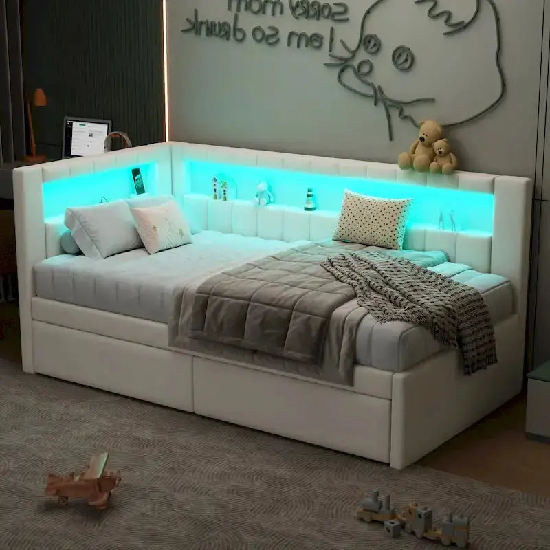 Upholstered Platform Bed Frame Full/Twin With Twin Trundle, USB Ports, LED Lighting, Dual Storage Drawers