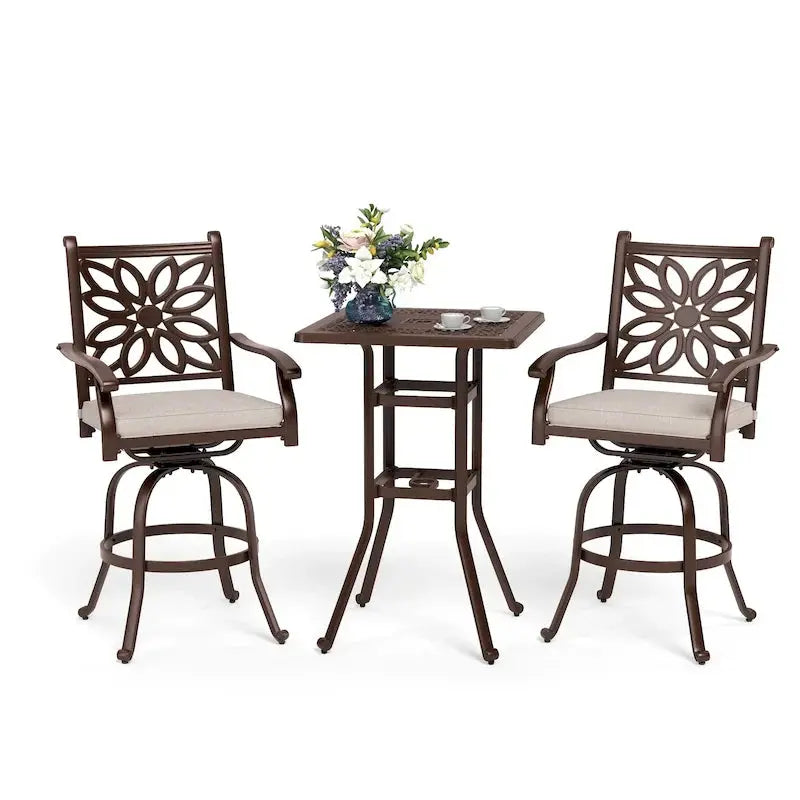 MAISON ARTS Cast Aluminum Patio Bar Set, 3-Piece, Bronze - Round Or Square Table