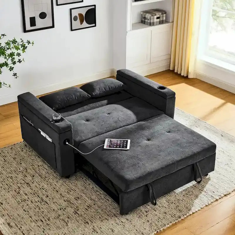 54-Inch Pull-Out Sleeper Sofa Bed With Storage, Lumbar Support And USB Port