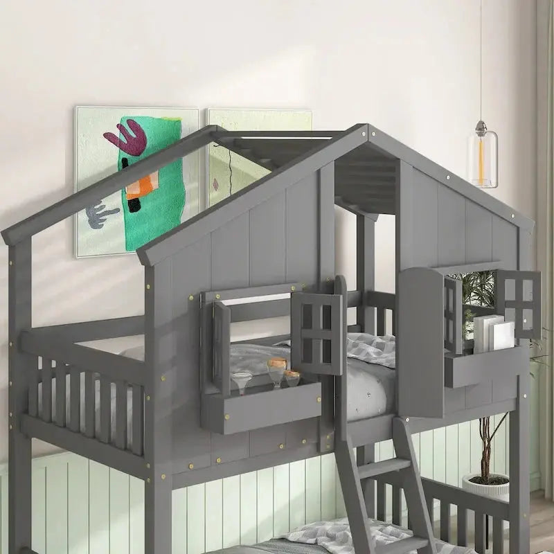 Twin-Over-Twin Playhouse-Style Bunk Bed - Grey With Roof, Window & Safety Rails