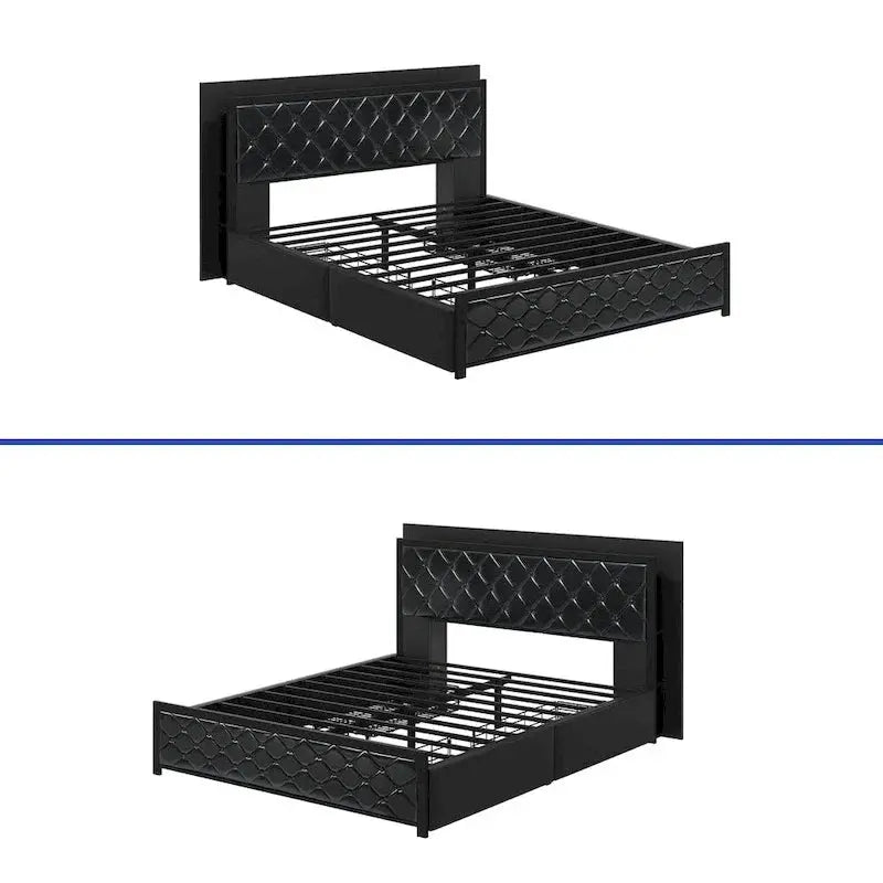 Moasis Queen Upholstered Faux Leather Platform Bed Frame With Headboard, 4 Storage Drawers, RGB LED Lights, USB-C Charging Ports - Black