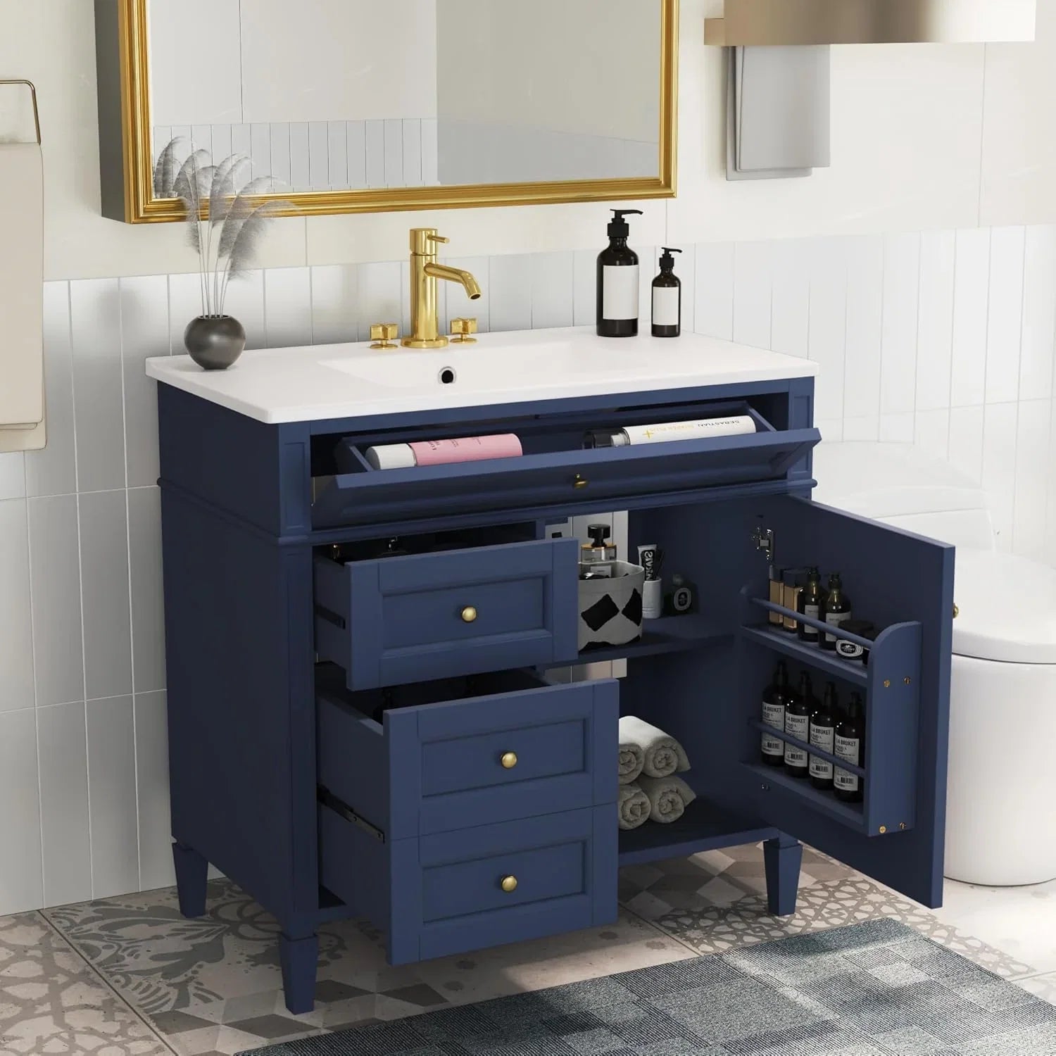 36 Inch Black Freestanding Bathroom Vanity With Single Undermount Sink, 2 Drawers And Tip-Out Drawer