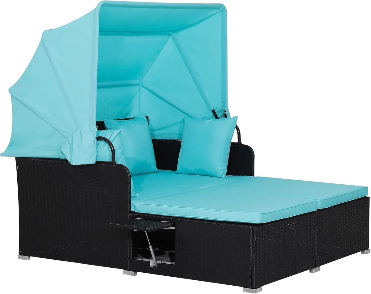 RELAX4LIFE Patio Daybed With Canopy, Cushions, 4 Pillows And 2 Side Trays, Turquoise - B0BYSN7GC7