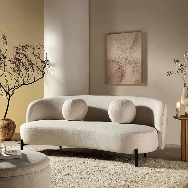Beige Linen-Blend Curved 3-Seater Sofa With Ball Cushions, W 81.9 x D 37 x H 30.7 in - A120