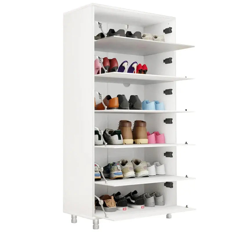 Mirror-Front Shoe Cabinet With Six Flip-Down Drawers And Four Metal Legs