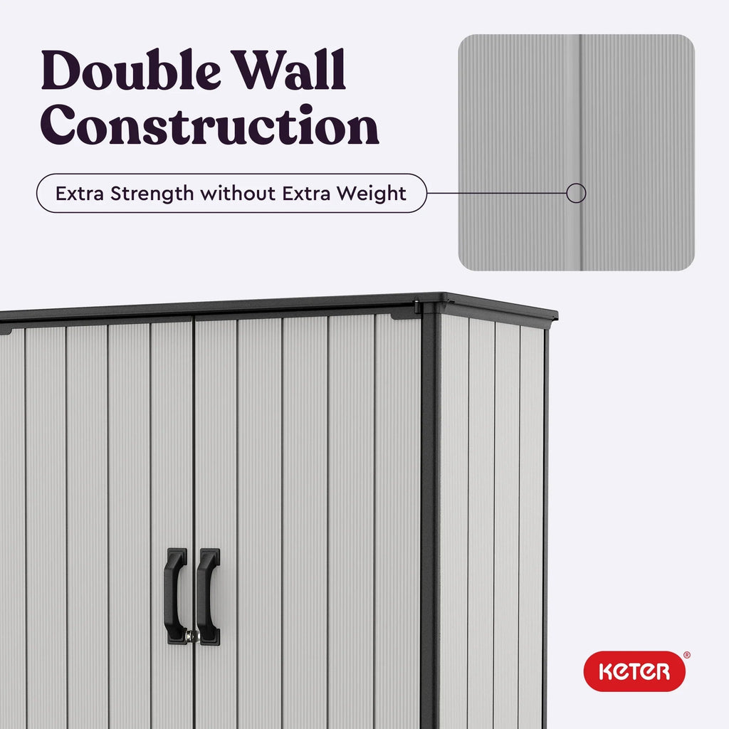 Keter Premier Tall Vertical Resin Outdoor Storage Shed With Floor And Locking Double Doors - Grey