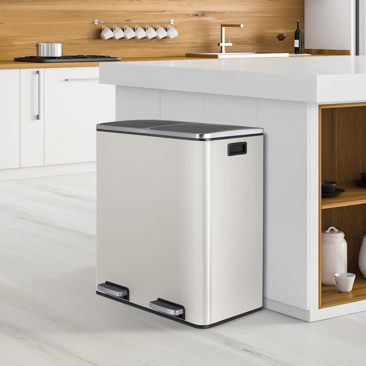 Arlopu Dual Kitchen Trash Can, 60 L/16 gal, Stainless Steel, Black