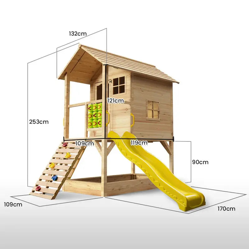 Rovo Kids Wooden Tower Playhouse With Slide, Climbing Wall And Sandpit - PLYCBHRV4NTA