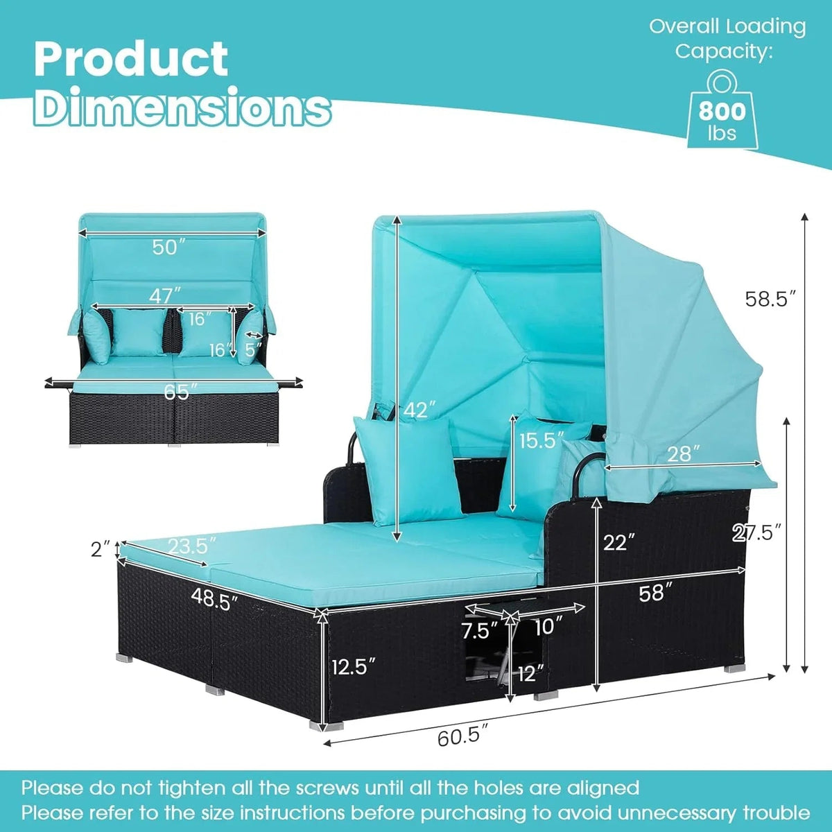 RELAX4LIFE Patio Daybed With Canopy, Cushions, 4 Pillows And 2 Side Trays, Turquoise - B0BYSN7GC7