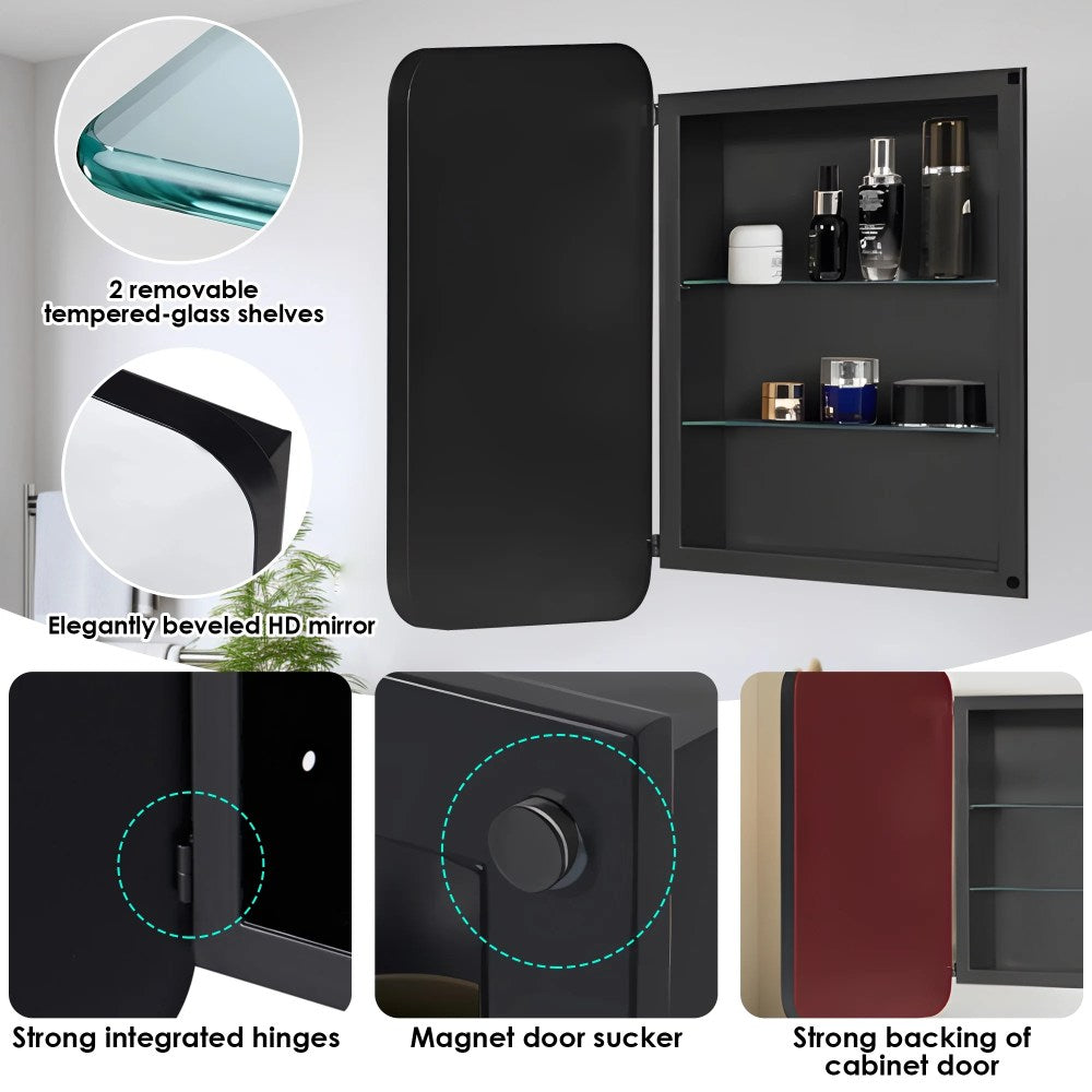 Dalattin Metal Bathroom Medicine Cabinet With Mirror, Recessed Or Wall Mounted, 16x24 Inch, Black