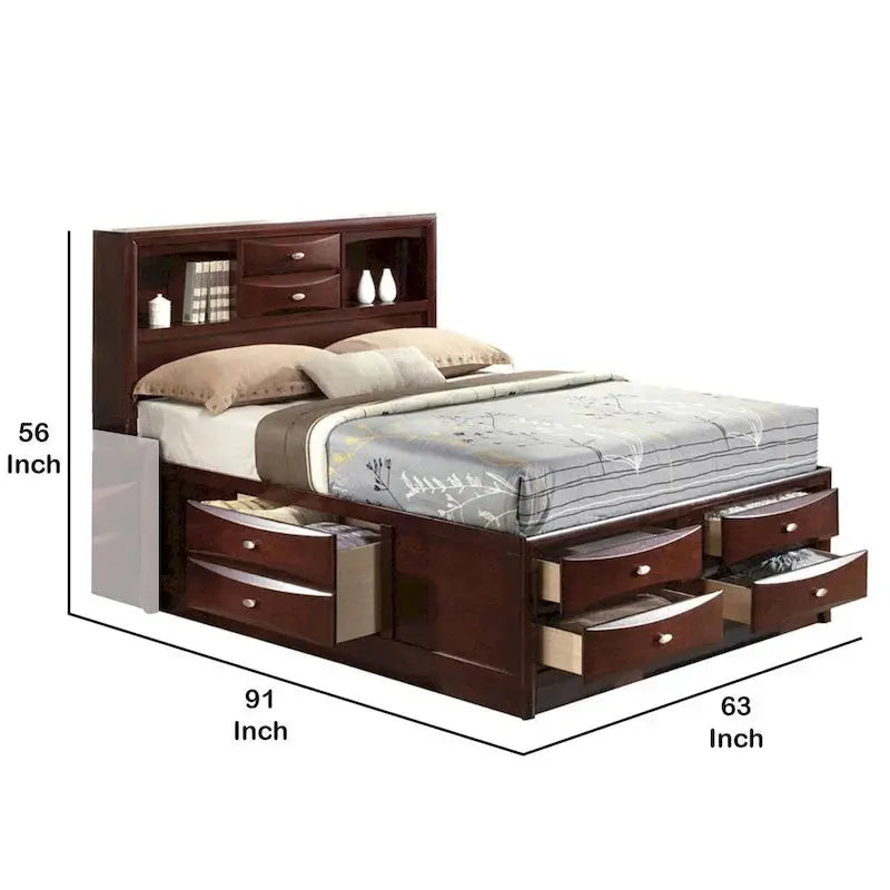 Panel-Style Queen Bookcase Bed With Built-In Drawers - Warm Brown Finish