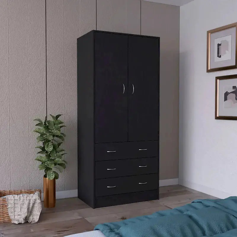 Devali Blue Double-Door Armoire Wardrobe Cabinet With Hanging Rod And Three Drawers - 19-Inch Wide