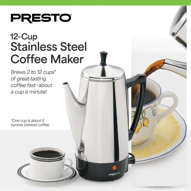 Presto Stainless Steel Percolator Coffee Maker, 2 To 12 Cups, Silver