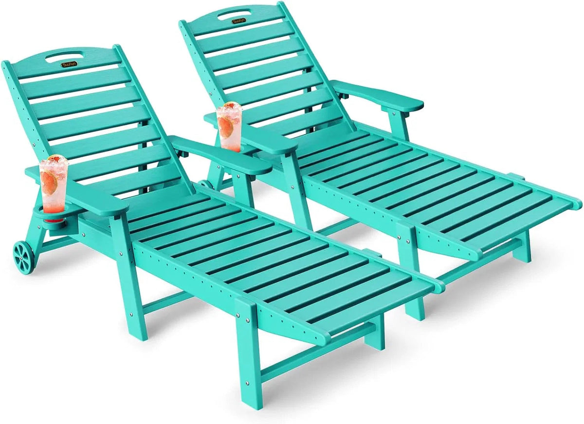 SUUNYN HDPE 6-Position Outdoor Chaise Lounge Chair With Wheels And Cup Holder - Teak