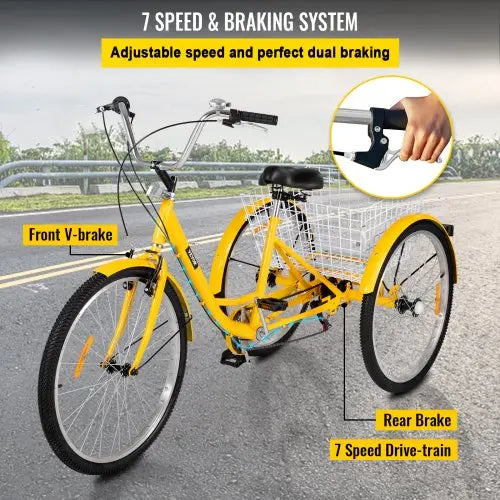 26-Inch 7-Speed Adult Tricycle With Front Basket And Shopping Rack