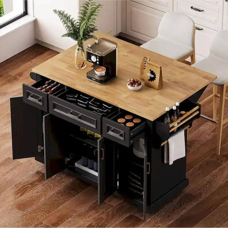 Rubberwood Rolling Kitchen Island Cart, 54.1L x 29.5W x 35.9H, 4 Doors, 3 Drawers