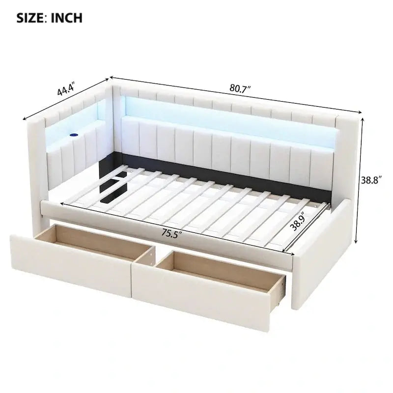 Upholstered Platform Bed Frame Full/Twin With Twin Trundle, USB Ports, LED Lighting, Dual Storage Drawers
