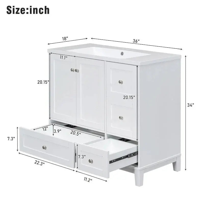 Modern Bathroom Vanity, 36 Inch, USB Charging Port, Resin Basin, Solid Wood, 3-Drawer Storage
