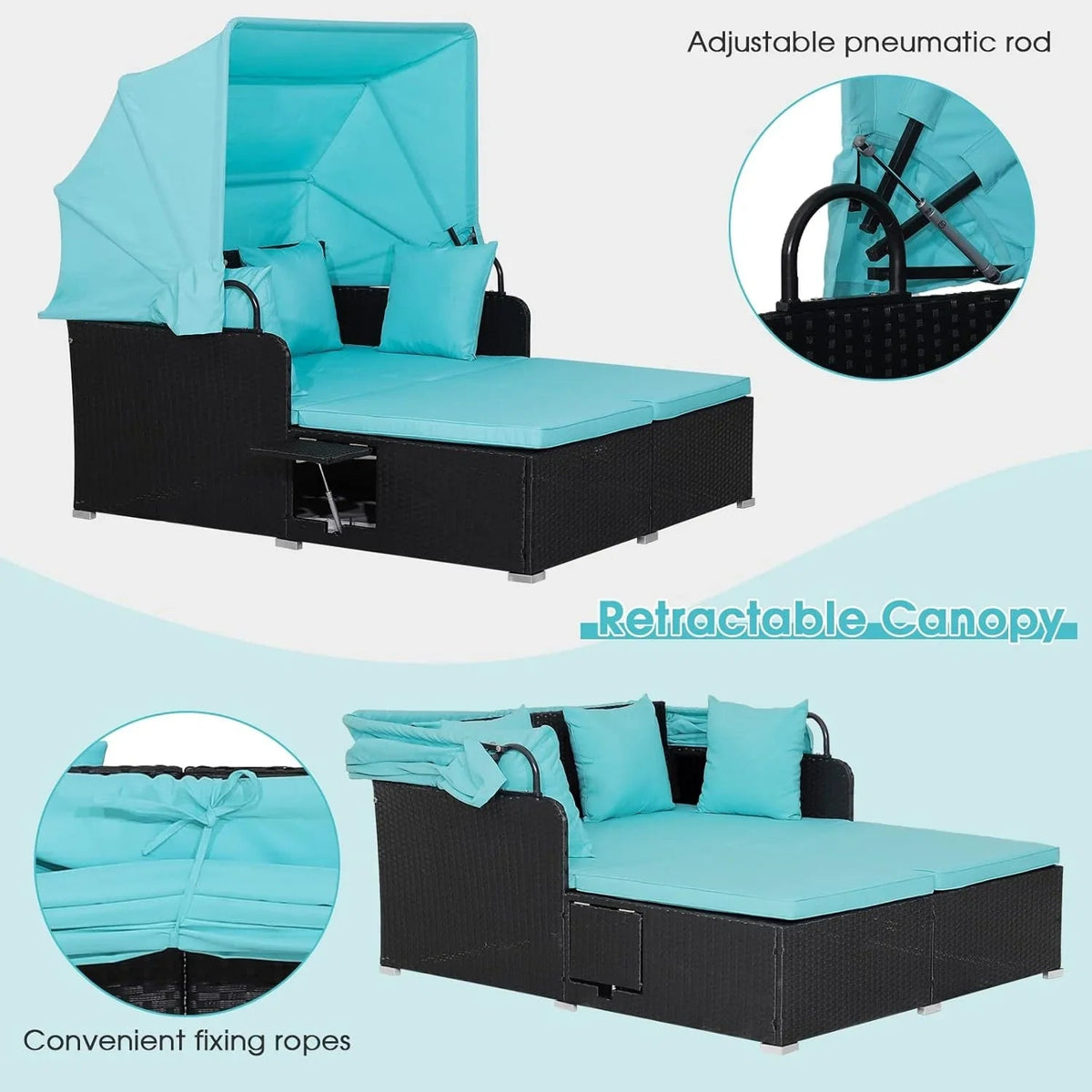 RELAX4LIFE Patio Daybed With Canopy, Cushions, 4 Pillows And 2 Side Trays, Turquoise - B0BYSN7GC7