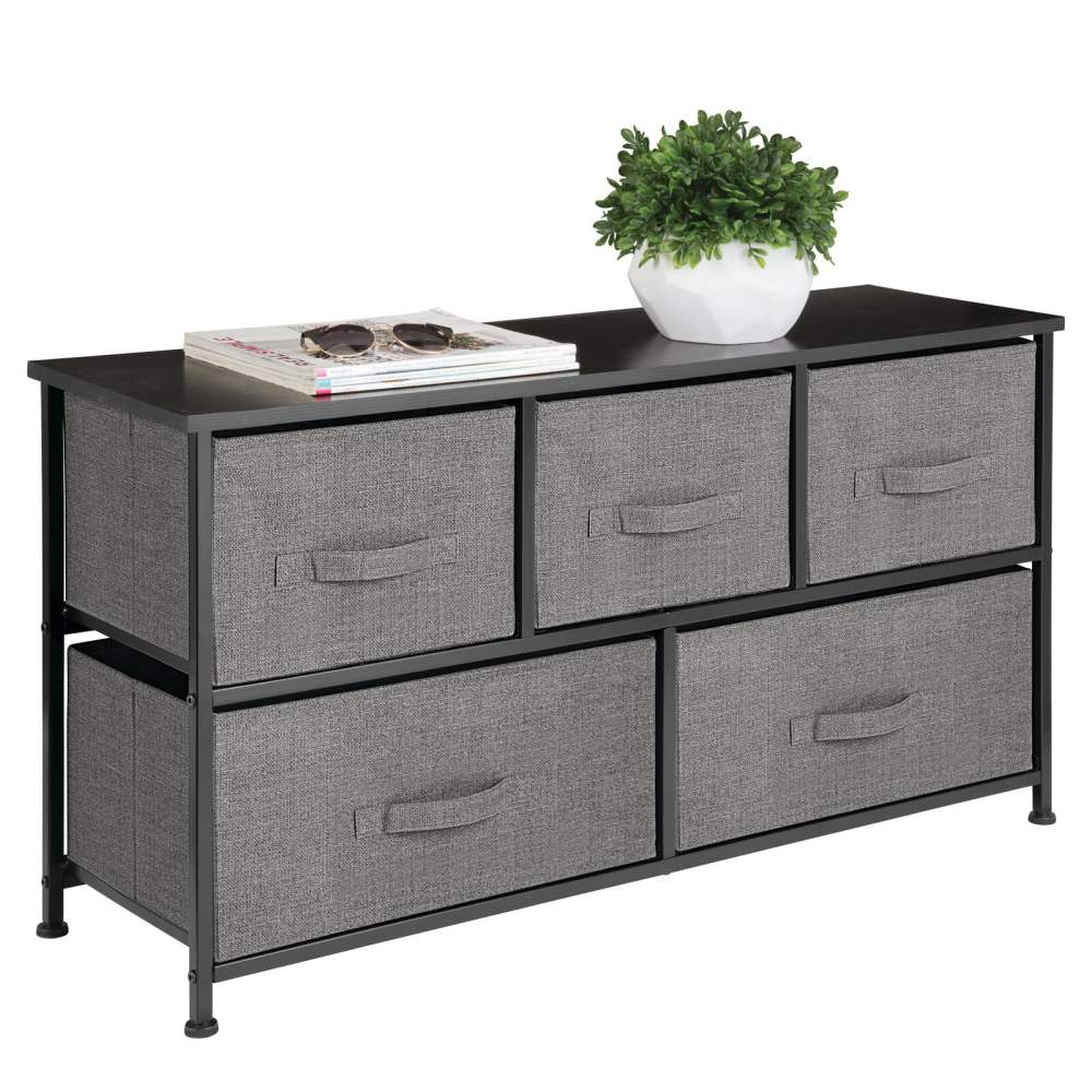 mDesign Wide Storage Dresser With 5 Removable Fabric Drawers - Dark Gray